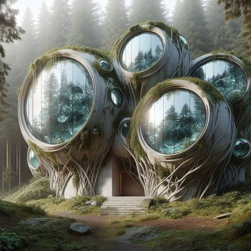 Spherical home in the forest created with Copilot ChatGPT 4