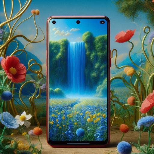 A red Google Pixel 8 Pro in front of a lush blue waterfall with verdant bushes and wildflowers