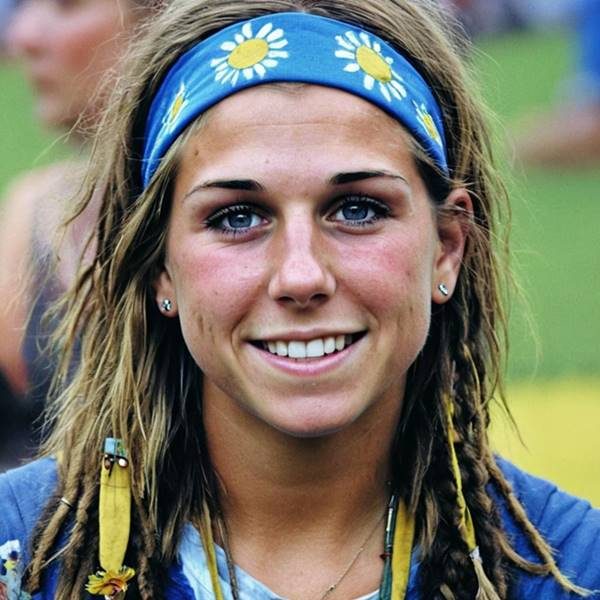 A deepfake faceswap photo of Alex Morgan dressed as a hippie, complete with a flower headband, exuding a laid-back and peace-loving vibe.