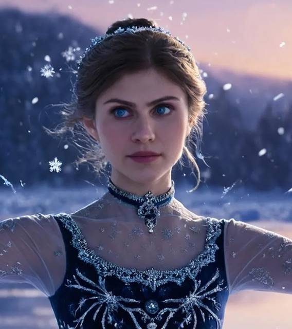 A faceswap photo of Alexandra Daddario as a graceful ballet dancer, with delicate snowflakes falling around her, highlighting the serene and magical winter scene.