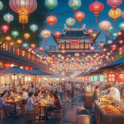 The vibrant and bustling atmosphere of a Chinese marketplace.